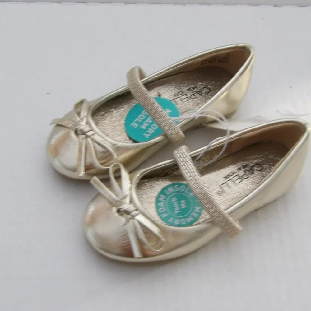 Toddler Girls Capelli Goldtone Mary Jane Style Dress Shoes w/bows, Size 5